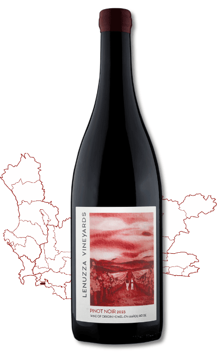 A bottle of Pinot Noir from the Hemel-en-Aarde wine region in South Africa, known for its refined character.